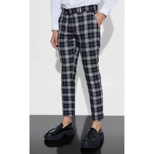 BoohooMAN Mens 34R Plaid Trousers Black White Tartan Slim Fit Dress Pants